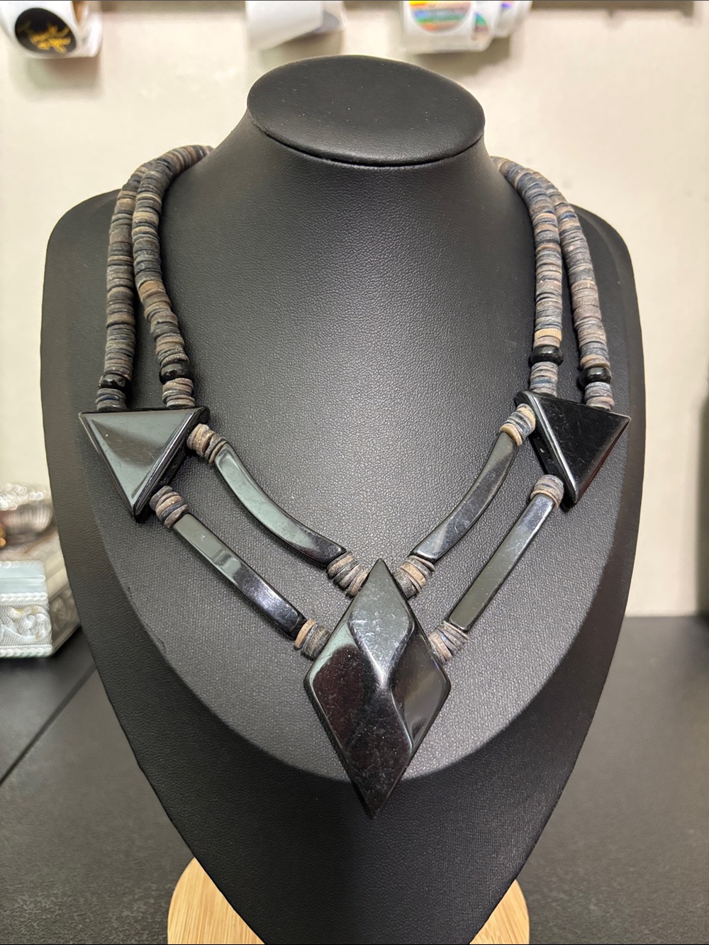 Vintage Handcrafted Resin Coconut Black Geometric Statement Necklace